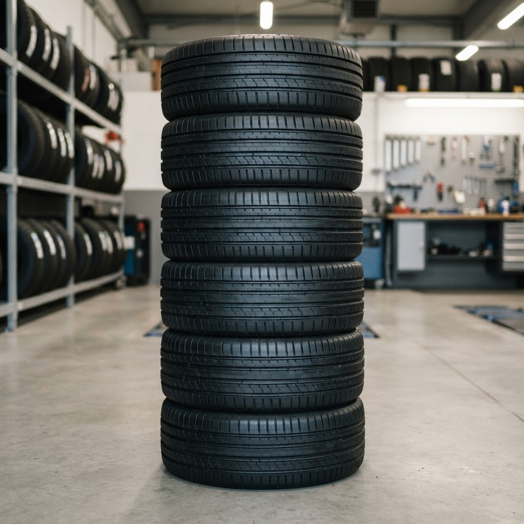 Stacked tyres in the tyre service area